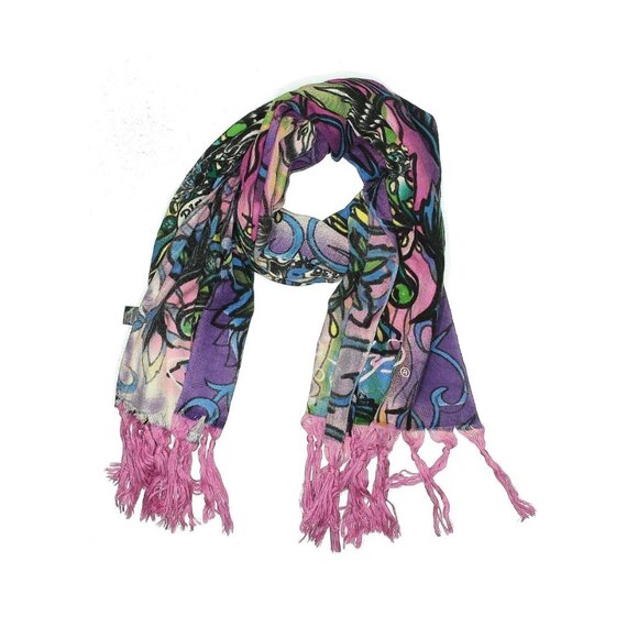 Christian Audigier x Ed Hardy Paisley Print Purple & Pink Fringed Hem Scarf - Picture 10 of 13